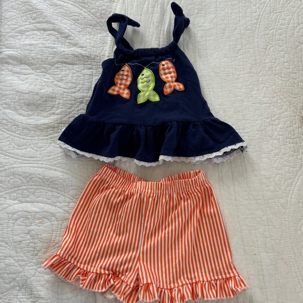 Toddler Girl’s Navy Fish Tank Top and Orange Striped Shorts Set